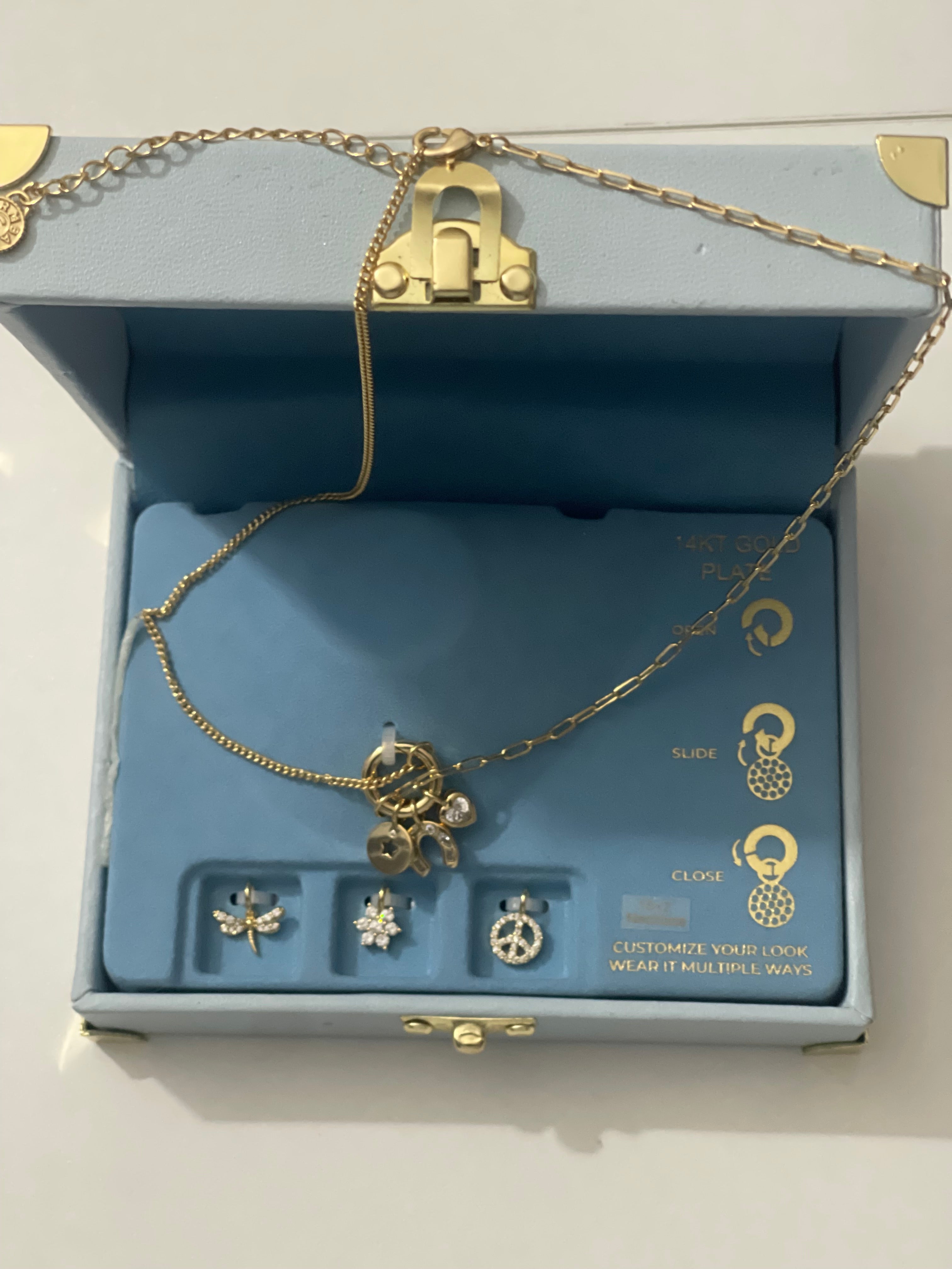 Charm Bar 14kt gold plated necklace with three extra pendants in a treasure box