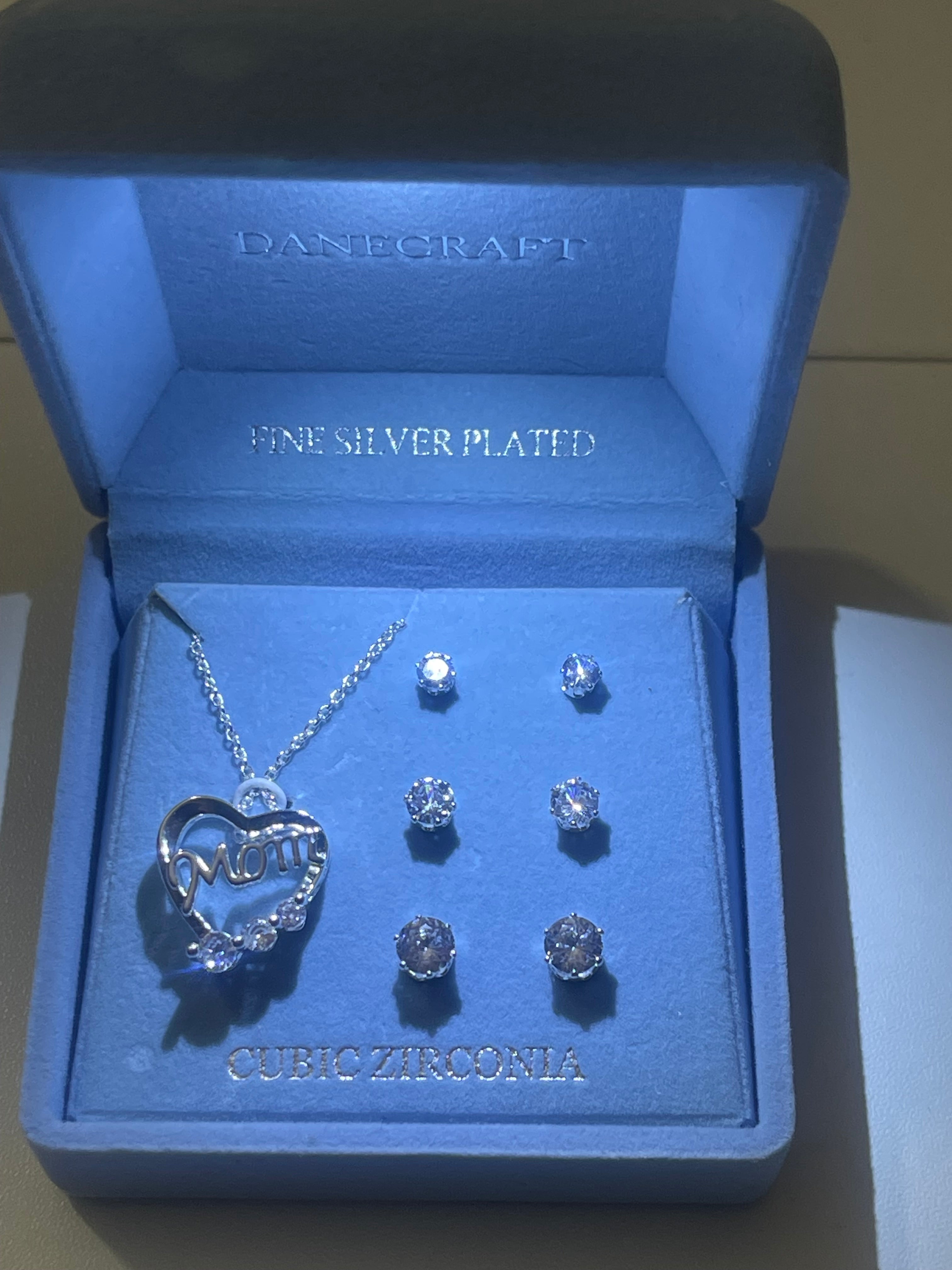 Danecraft silver cubic zirconia mom pendant with three studded earrings necklace set