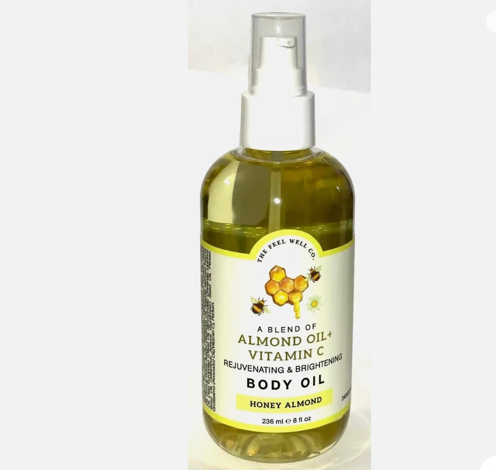 The feel well company. A blend of Almond oil + Vitamin C rejuvenating and brightening oil